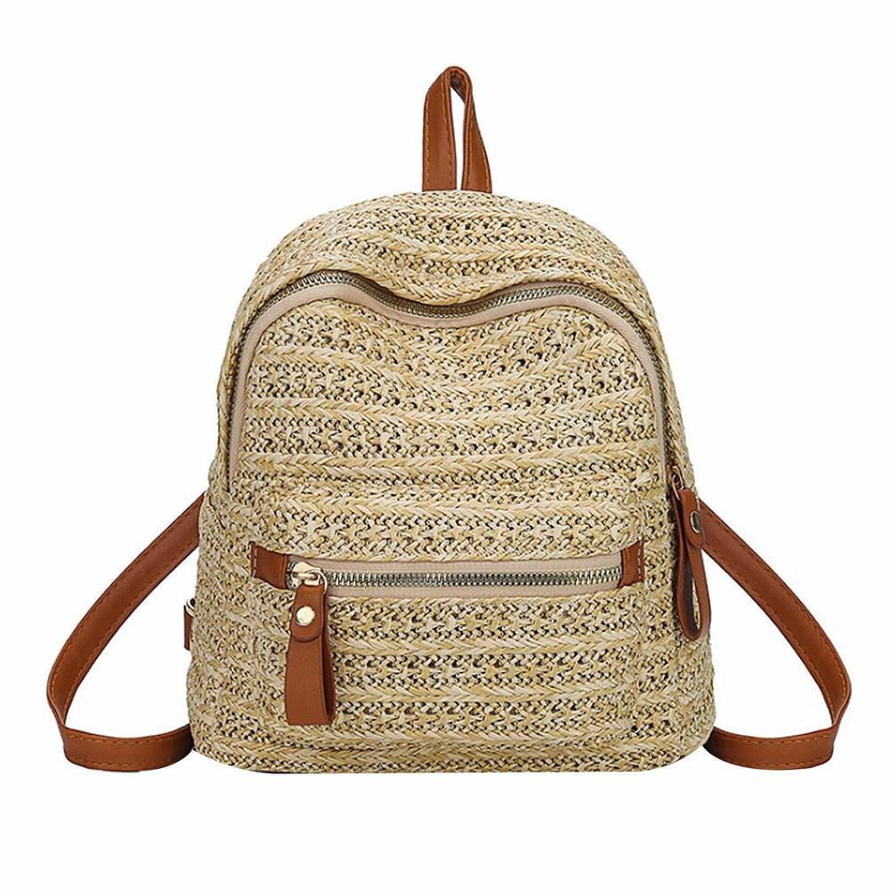 Mini Straw Woven Backpack Small Daypack Convertible Cross-Body Shoulder B)